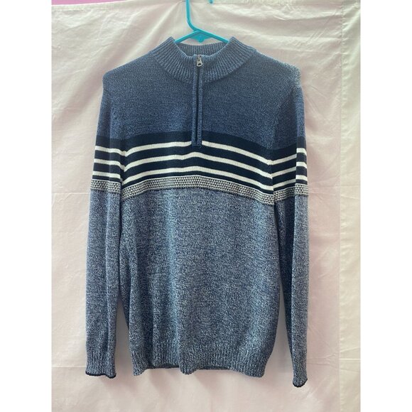 Urban Pipeline Men's XL 1/4 Zip Blue w/ Black & White Strip Long Sleeve Sweater - Picture 2 of 4